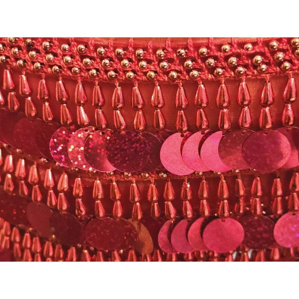 Belly Dance Paillette Hip Scarf Burgundy Magenta Beaded Fringe Preowned Costume